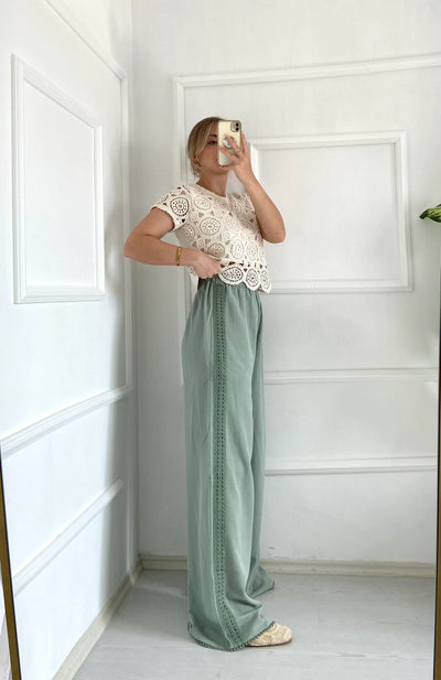 Ajur Detay Keten Bol Paça Pantolon