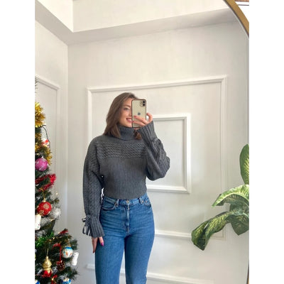 Balıkçı Yaka Kol Detay Gri Kazak