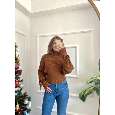 Balıkçı Yaka Kol Detay Acı Kahve Kazak